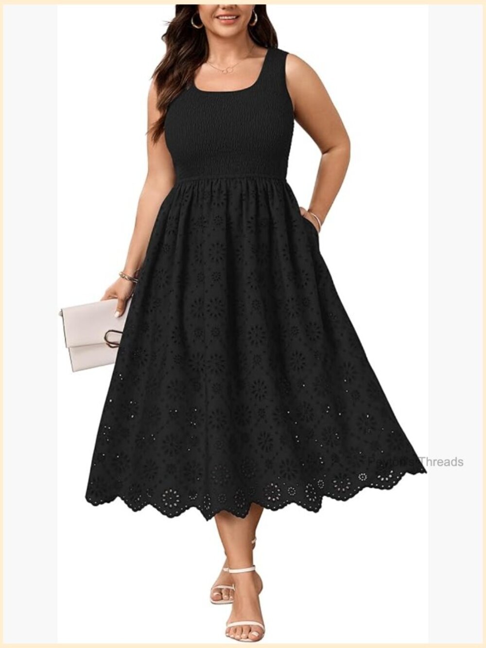 Plus Size Smocked Eyelet Sleeveless Maxi Sundress A-Line Boho Beach Dress